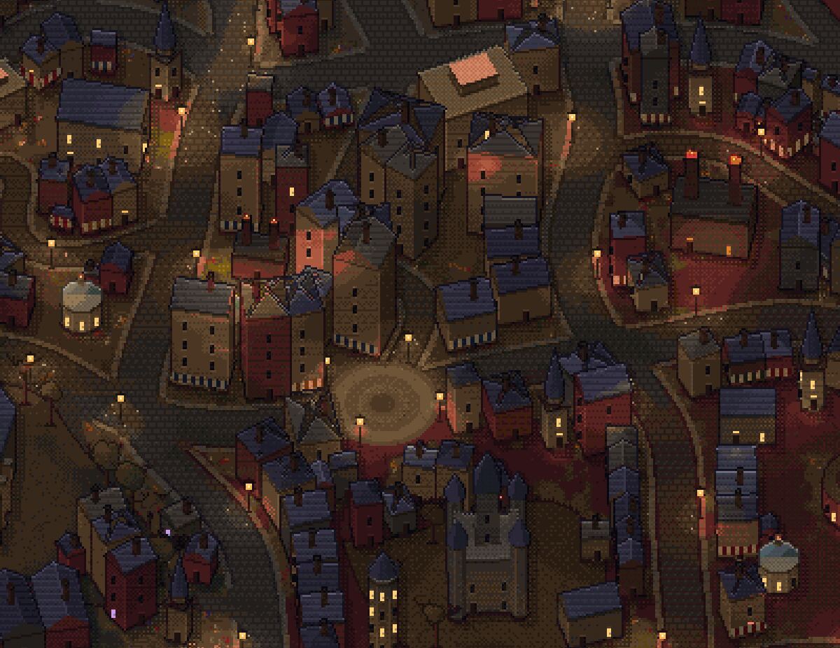 Vampire game pixel-art city map of Death Valley: the High Court, Night Market, the Vault, Covens Quarter, the Crucible and the clock tower